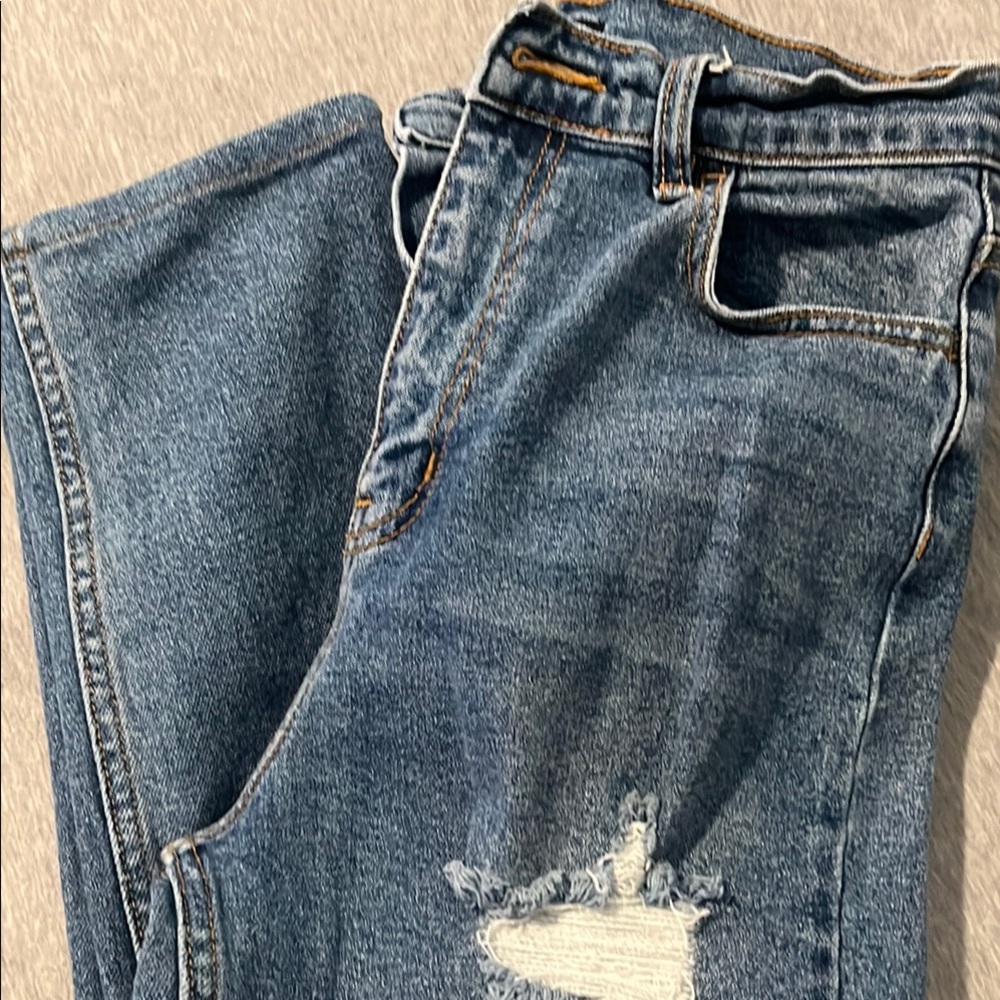 Fashion Nova Blue Straight Leg Jeans with Distressed Details